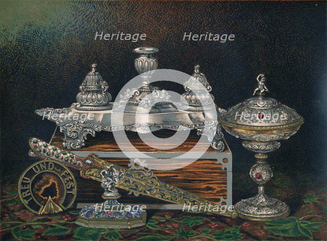 'Inkstand, Paper Weight, Hunting Knife or Dagger, Covered Tazza, Paper Weight', 1863. Artist: Robert Dudley.