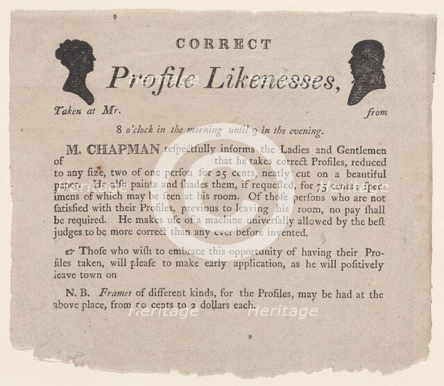 Advertisement for profile likenesses by Moses Chapman, 1803-21., 1803-21. Creator: Anon.