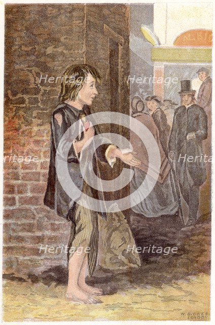 A poor boy, shoeless and in rags, begging on a street corner, c1880. Artist: Unknown