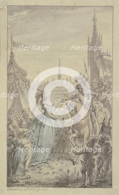 A princess and girls with flowers receive a knight on horseback in front of a tent.. Creator: Christian Sambach.