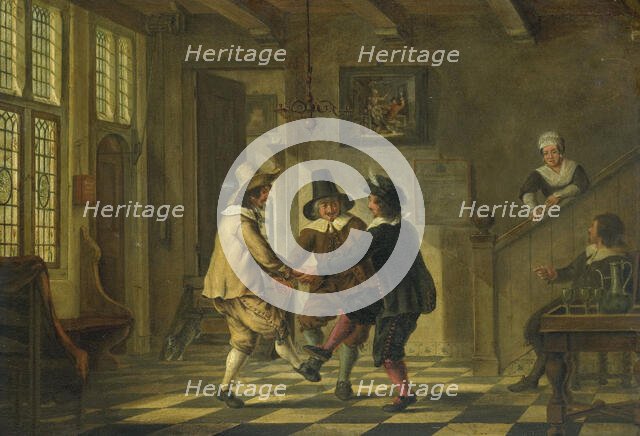 Three men in seventeenth-century costumes dancing in the entrance hall of a house, 1700-1885.  Creator: Anon.