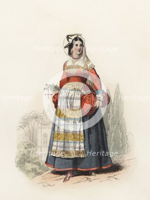Woman from Villettri, near Rome, in the modern age, color engraving 1870.