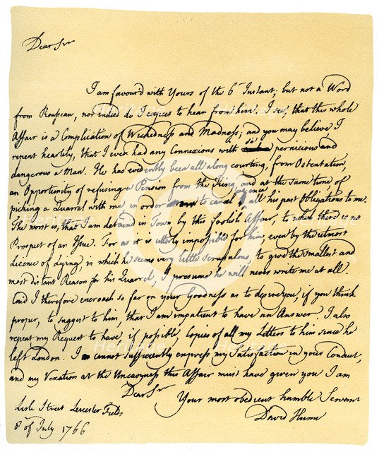 Letter from David Hume to Richard Davenport, 8th July 1766.Artist: David Hume