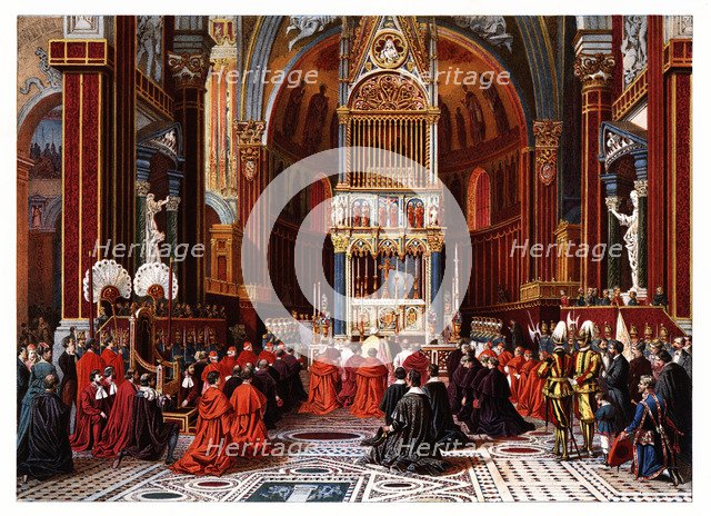 Pontifical ceremonies. Ascension day to the papal chapel of San Juan de Letran. Color engraving f…