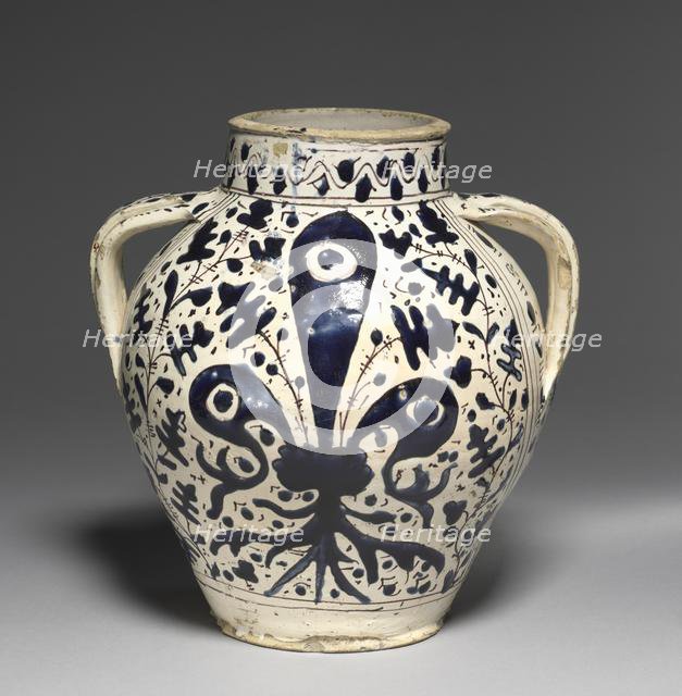 Two-Handled "Oak Leaf" Pharmacy Jar with Fleur-de-Lys, c. 1430-1450. Creator: Giunta di Tugio (Italian, c. 1382-1450), workshop of.