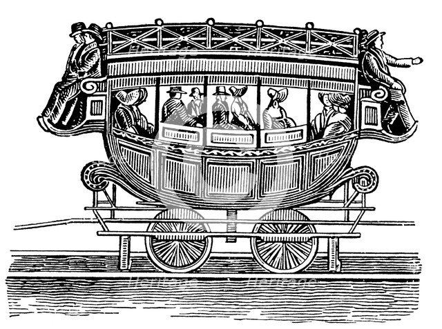 Early American railroad car adopted from road transport. Artist: Unknown