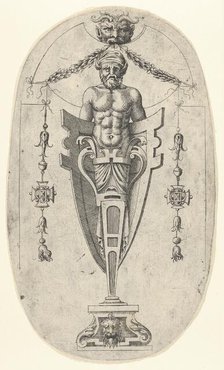 Male Terminal Figure; Torso with Beard and Turban on a Half- Length Pedestal Enclosed ..., ca. 1543. Creator: Jean Mignon.