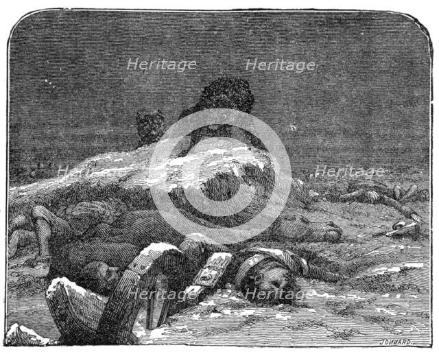 Wolves on the Battle-Field, from Mrs. Howitt's "Songs of Animal Life", 1872. Creator: Jonnard.