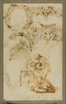 Drunken Silenus and Decorative Sketches: Studies for the Tazza Farnese (recto); Two..., 1599/1601. Creator: Annibale Carracci.