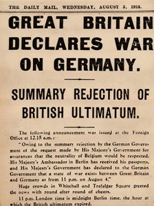 Britain declares war on Germany, 1914 (1935). Artist: Unknown.