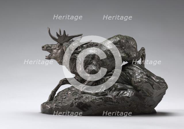 Elk Surprised by a Lynx, model 1841, cast by 1873. Creator: Antoine-Louis Barye.