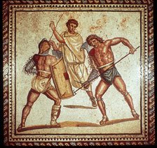 Gladiators in the arena, Roman mosaic, Saarbrucken, Germany. Artist: Unknown