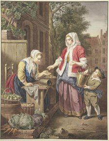 A lady with a boy buys apples, 1799. Creator: Jacobus Buys.