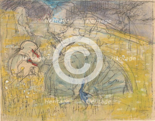 Displaying peacock and two turkeys, 1873-1917. Creator: Theo van Hoytema.