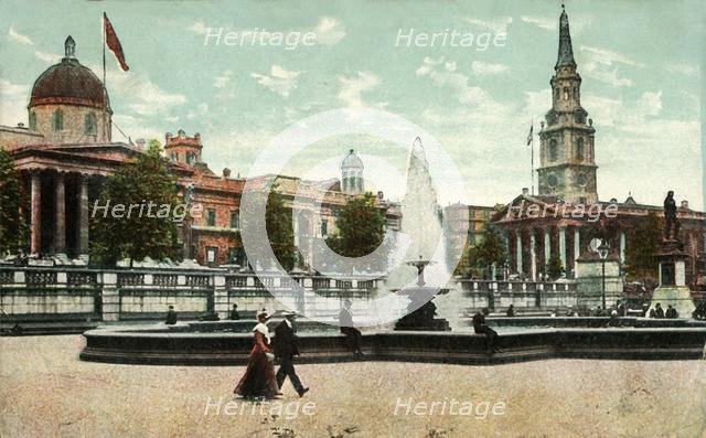The National Gallery, St Martin in the Fields, and fountains in Trafalgar Square, London, c1910. Creator: Unknown.