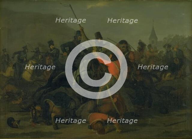 Colonel Boncke Bönnichsen's fall on 6 December 1813 during a duel between Jutland..., 1816-1824. Creator: Jorgen Sonne.