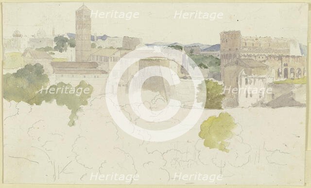 View over Rome with the Colosseum on the right, mountains in the distance, 1817. Creator: Carl Philipp Fohr.