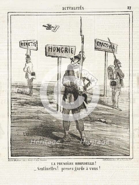 La première Hirondelle! Sentinelles! Prenez garde à vous!, 1864. Creator: Cham.