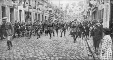 General Currie and Canadian troops walking through a liberated town, 27 October 1918. Artist: Unknown