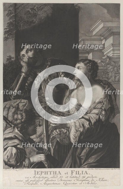 Jephtha dressed in armor looking up in despair, and his daughter holds a harp at right, 1775. Creator: Johann Elias Haid.