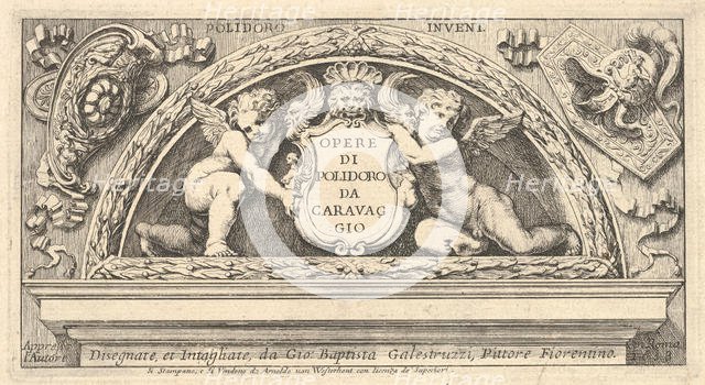 Titeplate to series of prints after Poloidoro, title on a shield supported by two putti, 1658. Creator: Giovanni Battista Galestruzzi.