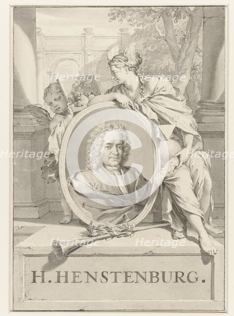 Portrait of Herman Henstenburgh in an oval frame, held by female figure and putto, 1683-1746. Creator: Nicolaas Verkolje.