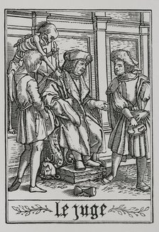 The Judge is visited by Death from "The Dance of Death", 1538, (1877). Creator: Unknown.