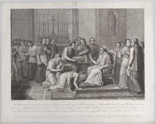 A woman kneels to kiss the foot of Pope Pius VII, with a crowd behind her at left, 1814-50. Creators: Carlo Lasinio, Vincenzo de Bonis.