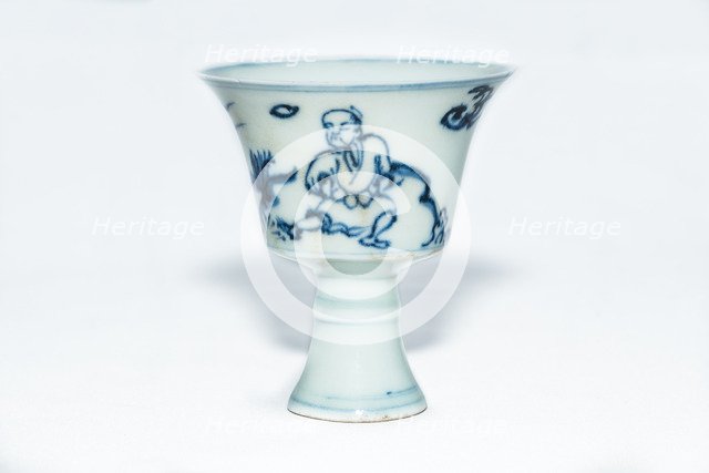 Blue and white stem cup with two scholars in landscape, 2nd half 15th century. Artist: Unknown.