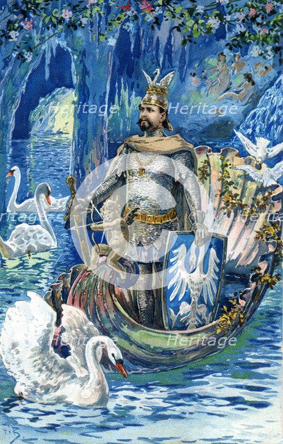 King Ludwig II as Lohengrin in the Blue Grotto of Linderhof Palace, c. 1900.