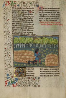 A Hunter and a Dog Tracking between a Field and a Forest; Livre de la Chasse, about 1430-1440. Creator: Unknown.