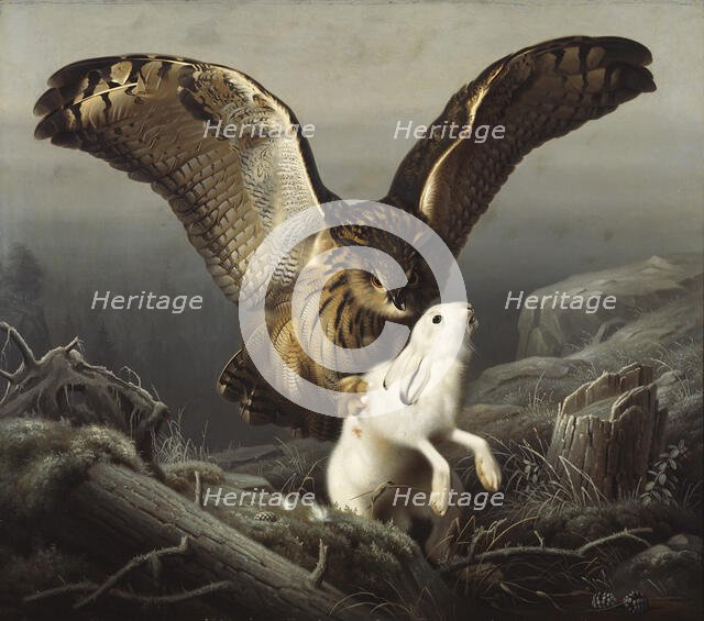 An Eagle-Owl Seizes a Hare, 1860. Creator: Ferdinand von Wright.