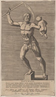 Plate 1: Saturn; statue of the nude god standing on a socle, holding a scythe in his right..., 1586. Creator: Philip Galle.