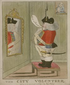 View of a portly City volunteer admiring himself in the mirror, 1785. Artist: Anon