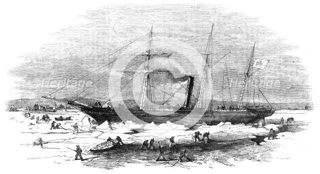 Navigation of the Elbe - the Steamer "Pollux" cutting through the ice at Altona, 1856.  Creator: Unknown.