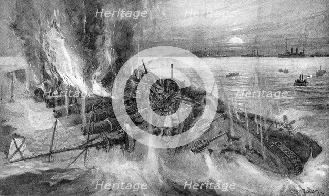 Russian cruiser foundering at the Battle of Cehmulpo, Russo-Japanese War, 1904-5. Artist: Unknown