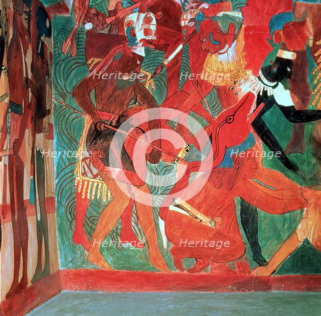 Fresco in the Bonampak painting temple depicting a battle scene and the punishment inflicted on p…