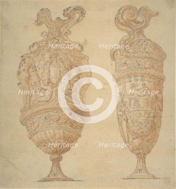 Two Urns Decorated with Human Figures, Animals and Garlands., n.d.. Creator: Unknown.