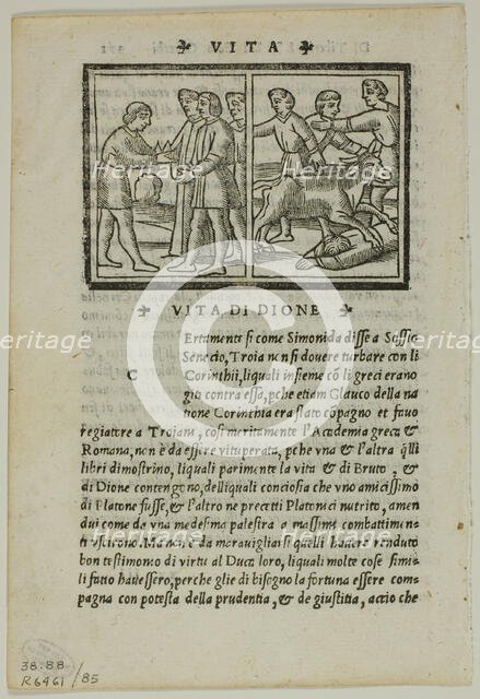 Illustration to Life of Dion from La Seconda Parte delle Vite di Plutarcho di greco in latino...1937 Creators: Unknown, Max Geisberg.