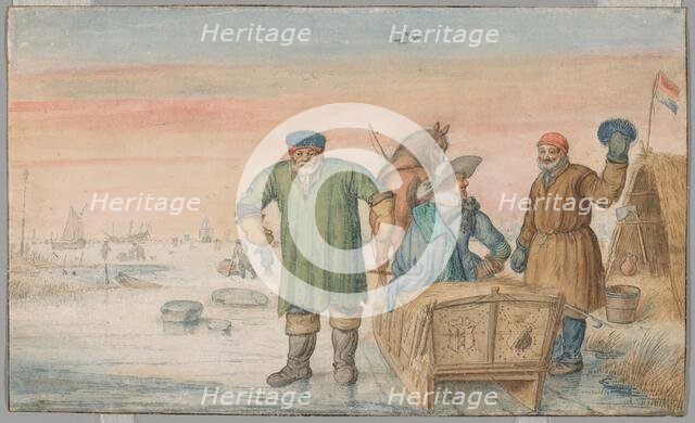 Two Old Men beside a Sled Bearing the Coats of Arms of Amsterdam and Utrecht, 1620/33. Creator: Hendrick Avercamp.