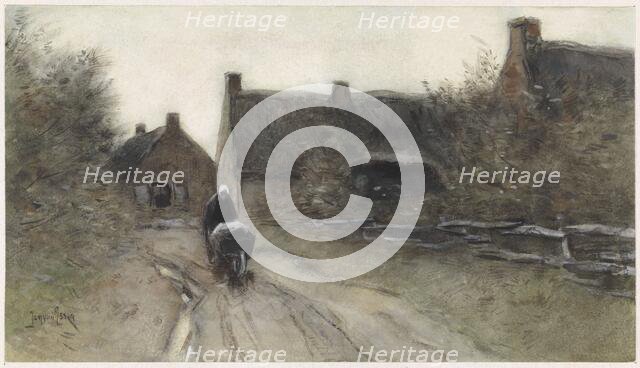 Village view with woman pushing wheelbarrow, 1864-1892. Creator: Johannes Cornelis van Essen.