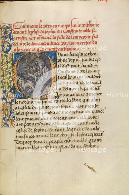 Initial Q: The Reliquary Shrine of Saint Anthony Arriving at the Church in..., about 1465-1470. Creators: Master of the Brussels Romuléon, Workshop of the Master of the Brussels Romuléon.