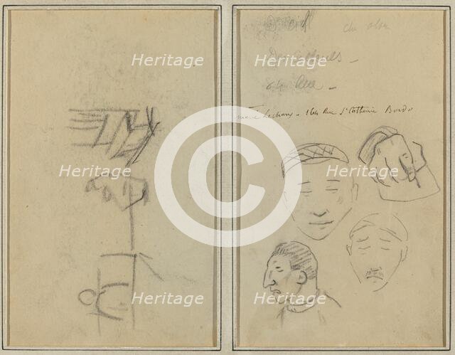 Two Figures and a Bench; Three Studies of Men's Heads and One of a Hand [recto], 1884-1888. Creator: Paul Gauguin.