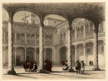 Cloister of the church of San Gregorio in Valladolid, with scene of life and traditional costumes…