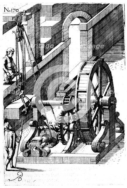 Raising a slab of stone using a block-and-tackle mechanism, 1620. Artist: Unknown