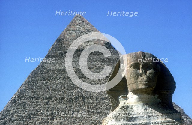 The Sphinx and Pyramid of Khafre (Chephren), Giza, Egypt, 4th Dynasty, 26th century BC. Artist: Unknown