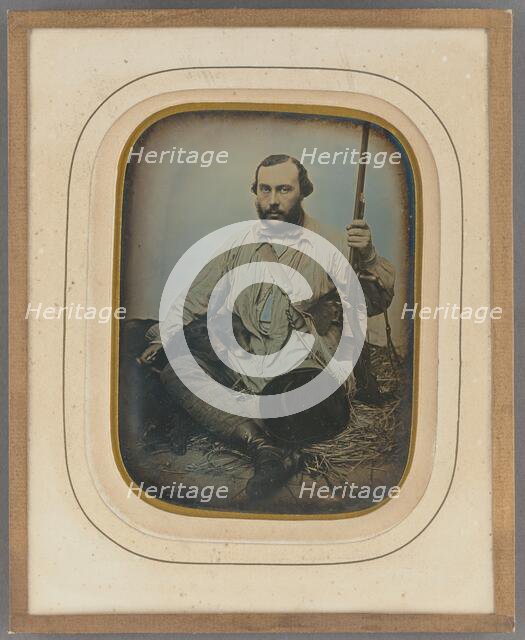 Bearded Hunter with gun and two dogs, about 1850. Creator: Unknown.