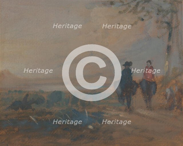 Landscape with Lake and Two Figures Riding, ca. 1820. Creator: Unknown.