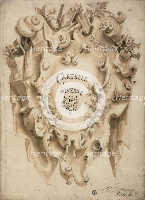 Cartouche Decorated with Foliage, Books, n.d. Creator: Unknown.