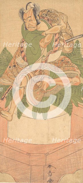 The Fourth Ichikawa Danjuro as a Yakko (servant) seated upon a Large Cake of Mochi..., 1772. Creator: Shunsho.